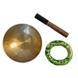 Terápiás tibeti hangtál 7 fémből bőrrel bevont fa ütővel, zöld brokát alátéttel - videoval