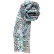 Habfehér alapon türkizkék, párizsikék és tűzliliom színű mintás 100% valódi hernyóselyem sál 50x180 cm