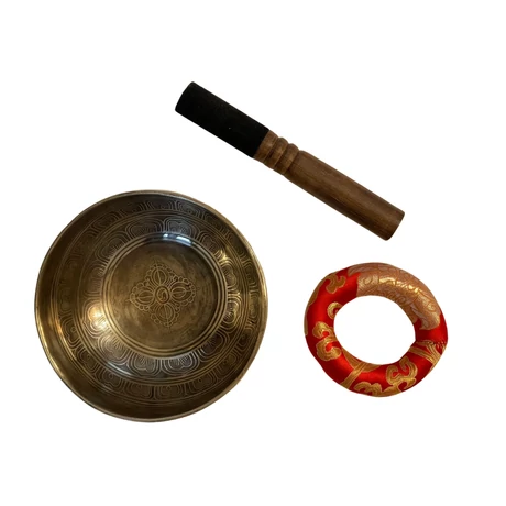 682 grammos tibeti mantrás hangtál 7 fémből piros brokát alátéttel - videoval