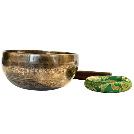 710 grammos tibeti mantrás hangtál 7 fémből zöld brokát alátéttel - videoval