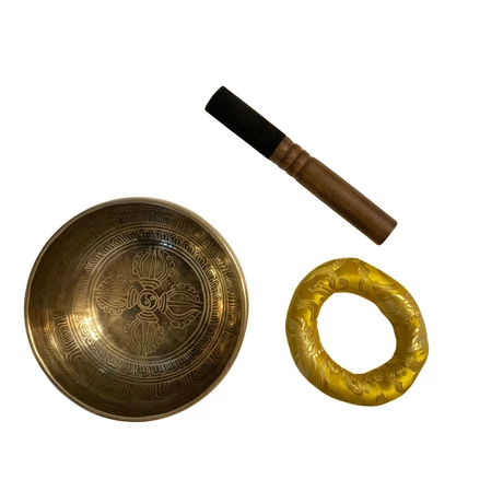 818 grammos tibeti mantrás hangtál 7 fémből sárga brokát alátéttel - videoval