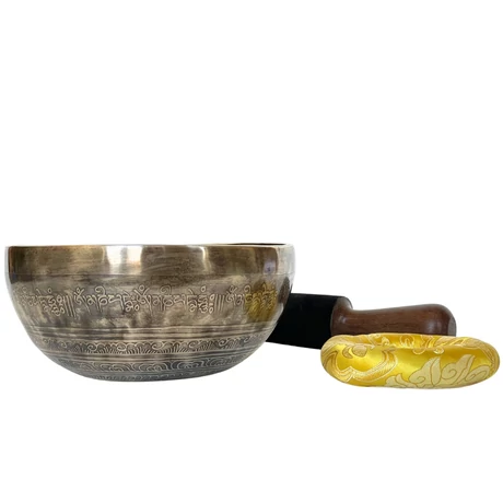 Manjushri tibeti mantrás hangtál 7 fémből sárga színű brokáttal és ütővel - videoval