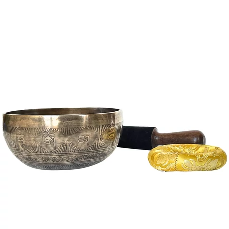 Dzambala hangtál tibeti mantrás 7 fémből sárga színű brokáttal - videoval