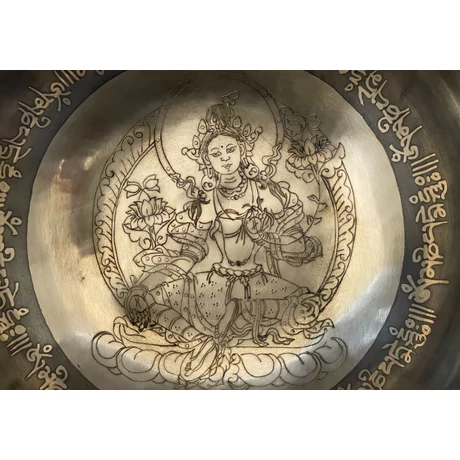 Zöld Tara tibeti mantrás hangtál 7 fémből zöld színű brokáttal és ütővel - videoval