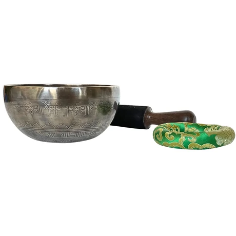 Zöld Tara tibeti mantrás hangtál 7 fémből zöld színű brokáttal és ütővel - videoval