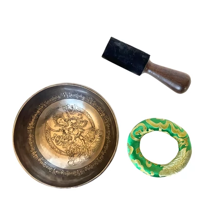 Zöld Tara tibeti mantrás hangtál 7 fémből zöld színű brokáttal és ütővel - videoval