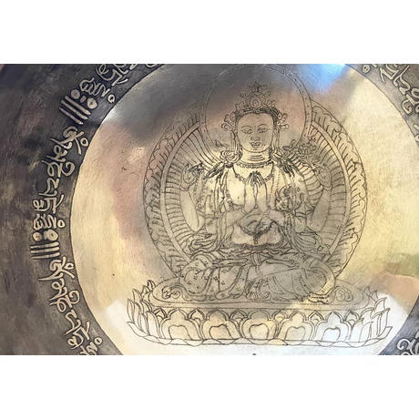 Csenrézivel gravírozott tibeti mantrás hangtál 7 fémből türkiz brokáttal és ütővel - videoval
