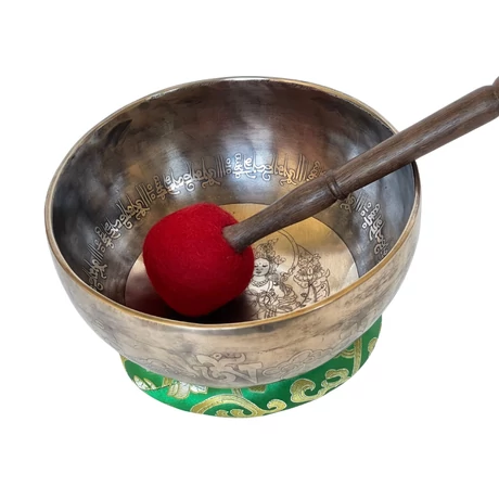 Zöld Tara tibeti mantrás hangtál 7 fémből zöld színű brokáttal és ütővel - videoval