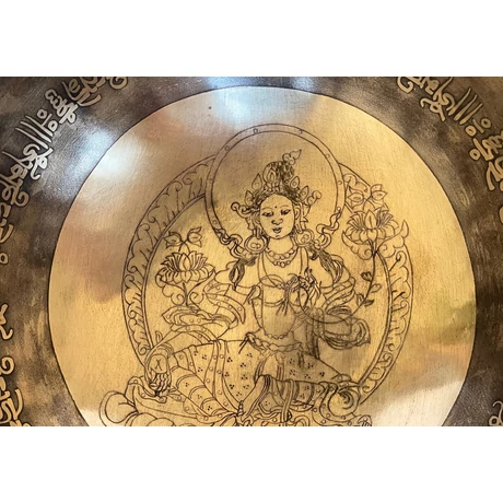 Zöld Tara tibeti mantrás hangtál 7 fémből zöld színű brokáttal és ütővel - videoval