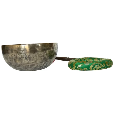 Zöld Tara tibeti mantrás hangtál 7 fémből zöld színű brokáttal és ütővel - videoval