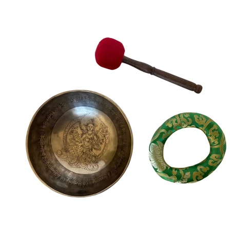 Zöld Tara tibeti mantrás hangtál 7 fémből zöld színű brokáttal és ütővel - videoval