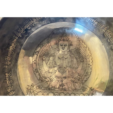 Csenrézivel gravírozott tibeti mantrás hangtál 7 fémből türkiz brokáttal és ütővel - videoval