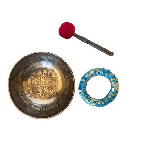 Csenrézivel gravírozott tibeti mantrás hangtál 7 fémből türkiz brokáttal és ütővel - videoval