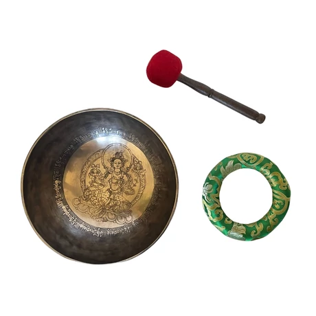 Zöld Tara tibeti mantrás hangtál 7 fémből zöld színű brokáttal és ütővel - videoval