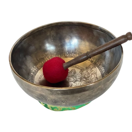 Zöld Tara tibeti mantrás hangtál 7 fémből zöld színű brokáttal és ütővel - videoval