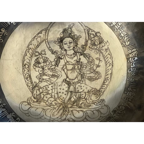 Zöld Tara tibeti mantrás hangtál 7 fémből zöld színű brokáttal és ütővel - videoval