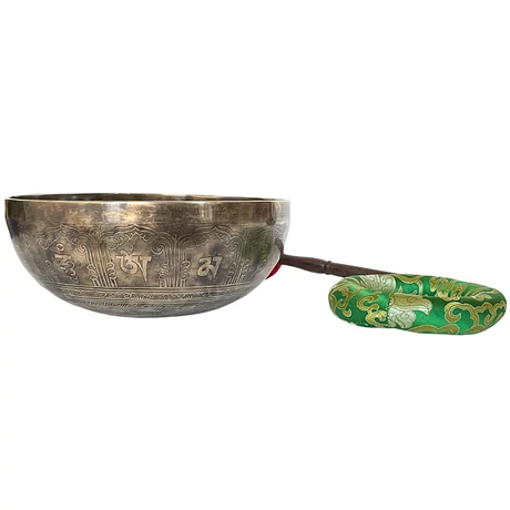 Zöld Tara tibeti mantrás hangtál 7 fémből zöld színű brokáttal és ütővel - videoval