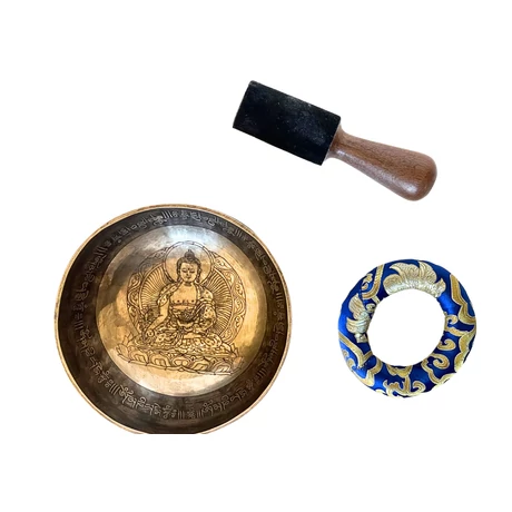 Gyógyító Buddha hangtál 7 fémből kék brokáttal és ütővel - videoval
