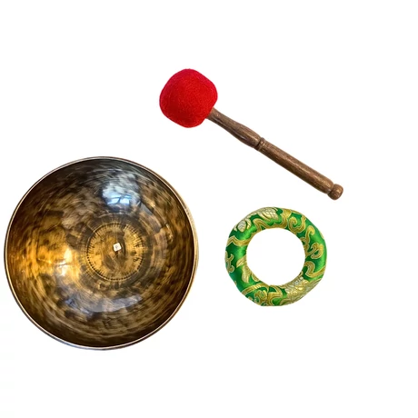 Szívcsakra tibeti hangtál zöld brokát alátéttel - videoval