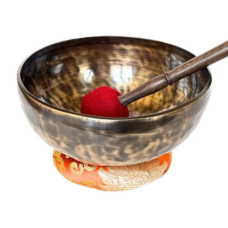 Szakrális csakra tibeti hangtál napsárga brokát alátéttel - videoval