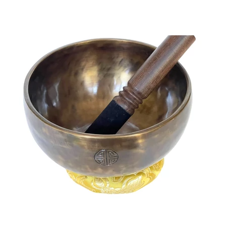 Telihold tibeti hangtál 7 fémből bőrrel bevont fa ütővel, sárga brokát alátét gyűrűvel - videoval