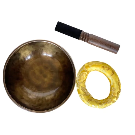 Telihold tibeti hangtál 7 fémből bőrrel bevont fa ütővel, sárga brokát alátét gyűrűvel - videoval