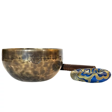 Telihold tibeti hangtál 7 fémből bőrrel bevont fa ütővel, kék brokát alátét gyűrűvel - videoval