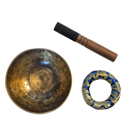 Telihold tibeti hangtál 7 fémből bőrrel bevont fa ütővel, kék brokát alátét gyűrűvel - videoval