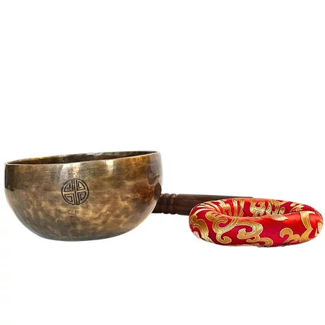Telihold tibeti hangtál 7 fémből bőrrel bevont fa ütővel, piros brokát alátét gyűrűvel - videoval