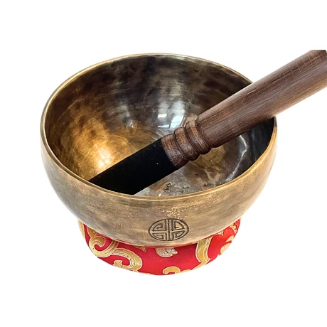 Telihold tibeti hangtál 7 fémből bőrrel bevont fa ütővel, piros brokát alátét gyűrűvel - videoval