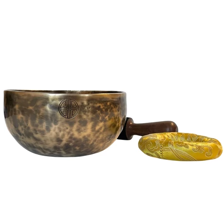 Telihold tibeti hangtál 7 fémből bőrrel bevont fa ütővel, sárga brokát alátét gyűrűvel - videoval