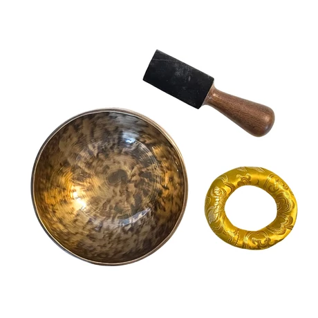 Telihold tibeti hangtál 7 fémből bőrrel bevont fa ütővel, sárga brokát alátét gyűrűvel - videoval