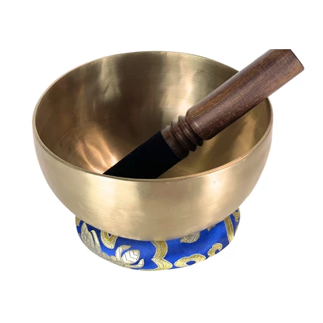 Terápiás tibeti hangtál 7 fémből bőrrel bevont fa ütővel, kék brokát alátéttel - videoval