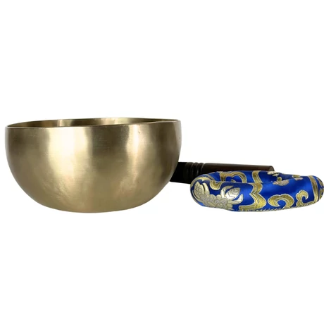 Terápiás tibeti hangtál 7 fémből bőrrel bevont fa ütővel, kék brokát alátéttel - videoval