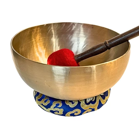Terápiás tibeti hangtál 7 fémből bőrrel bevont fa ütővel, kék brokát alátéttel - videoval