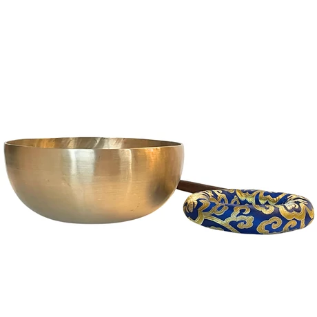 Terápiás tibeti hangtál 7 fémből bőrrel bevont fa ütővel, kék brokát alátéttel - videoval