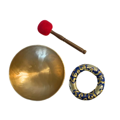 Terápiás tibeti hangtál 7 fémből bőrrel bevont fa ütővel, kék brokát alátéttel - videoval