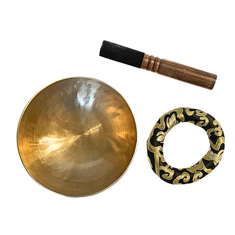 Terápiás tibeti hangtál 7 fémből bőrrel bevont fa ütővel, fekete-arany brokát alátéttel - videoval