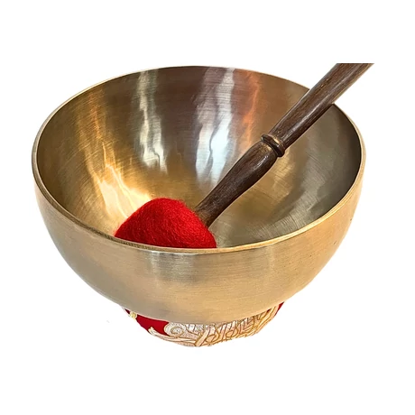 Terápiás tibeti hangtál 7 fémből bőrrel bevont fa ütővel, piros brokát alátéttel - videoval