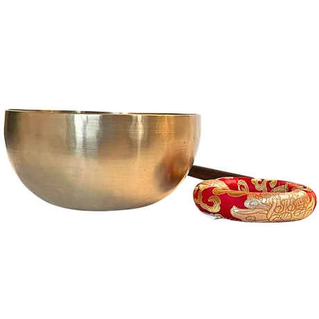 Terápiás tibeti hangtál 7 fémből bőrrel bevont fa ütővel, piros brokát alátéttel - videoval