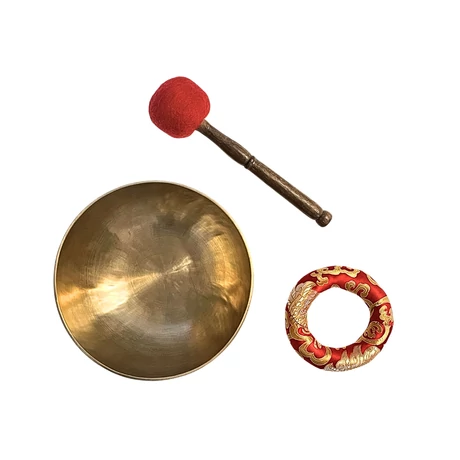 Terápiás tibeti hangtál 7 fémből bőrrel bevont fa ütővel, piros brokát alátéttel - videoval