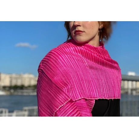 100% valódi hernyóselyem fukszia csíkos nyers selyem sál 50x180cm