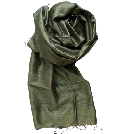 100% valódi hernyóselyem olívazöld színű nyers selyem sál 70x180cm