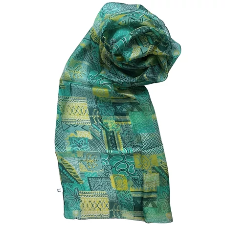 Malachitzöld, amazonaszöld, citromsárga mintás 100% valódi hernyóselyem sál 100x180 cm