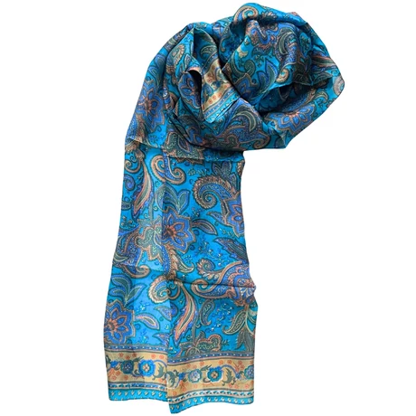 Kobaltkék alapon paisley mintás 100% valódi hernyóselyem sál 50x180 cm