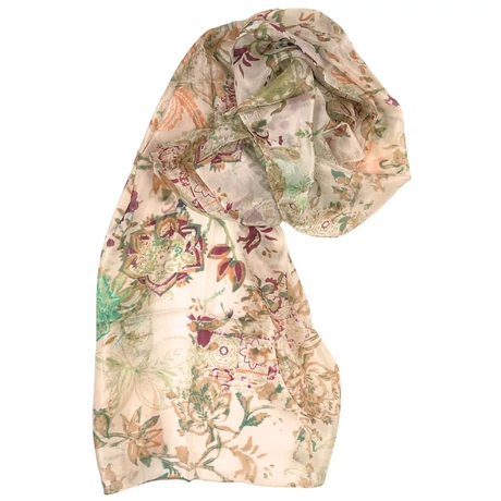 Nyersfehér alapon amazonaszöld, türkizkék, terrakotta, kaprizöld és burgundy mintás 100% valódi hernyóselyem sál 50x180 cm