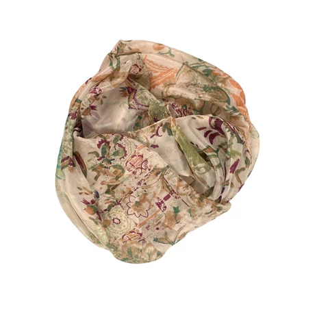 Nyersfehér alapon amazonaszöld, türkizkék, terrakotta, kaprizöld és burgundy mintás 100% valódi hernyóselyem sál 50x180 cm