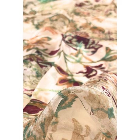 Nyersfehér alapon amazonaszöld, türkizkék, terrakotta, kaprizöld és burgundy mintás 100% valódi hernyóselyem sál 50x180 cm