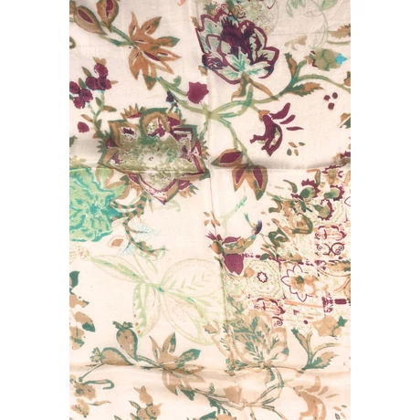 Nyersfehér alapon amazonaszöld, türkizkék, terrakotta, kaprizöld és burgundy mintás 100% valódi hernyóselyem sál 50x180 cm