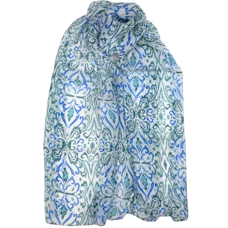 Hermelinfehér alapon királykék és petrolzöld mintás 100% valódi hernyóselyem sál 50x180 cm